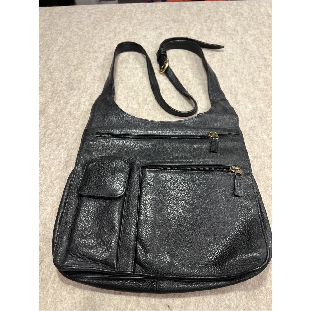 JPOURSE  Crossbody Bag Travel Organizer Black  Pebbled‎ Leather